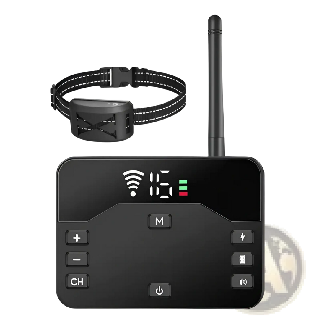 Black wireless dog training collar receiver with long antenna and display
