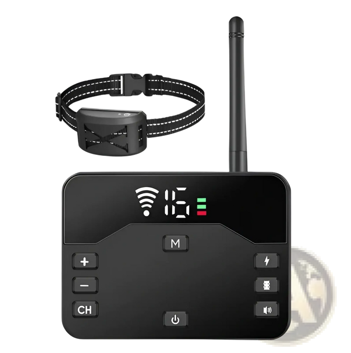 Black wireless dog training collar receiver with long antenna and display