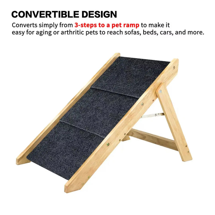Convertible dog ramp on light wood frame with dark gray surface
