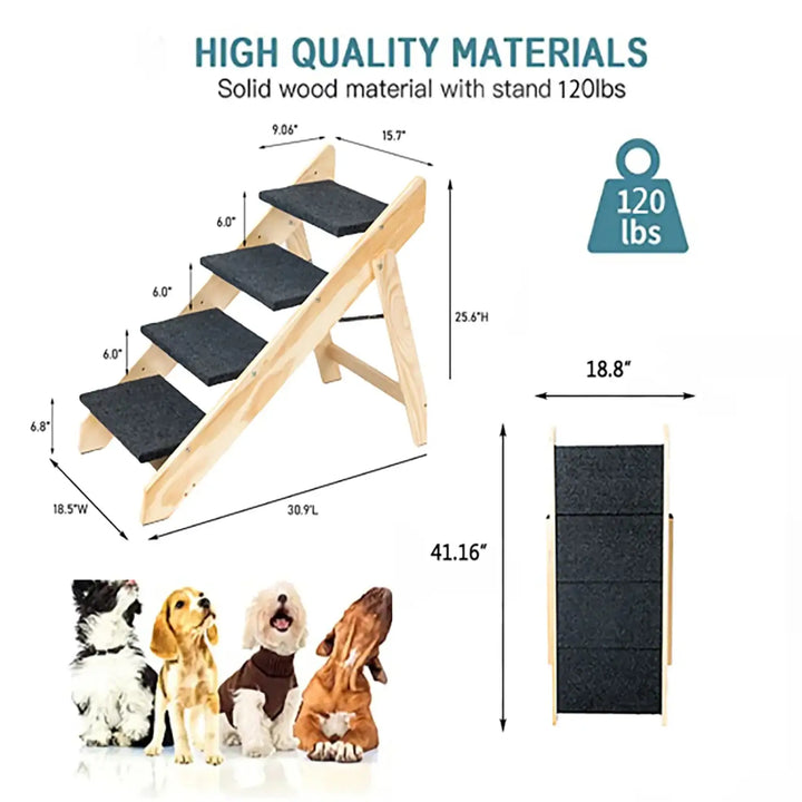 Light wood folding dog ramp with dark gray treads in a 3-step staircase layout