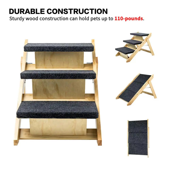 Foldable 3-step dog ramp stairs with dark gray fabric treads on light wood frame
