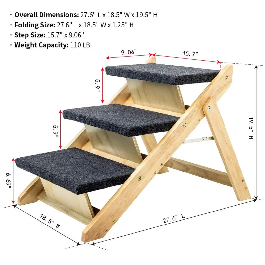 Three-step dog ramp with angled wooden side rails and dark gray non-slip treads