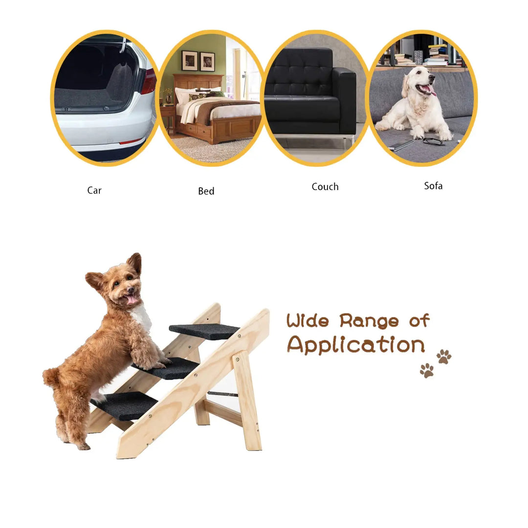 3-step dog ramp with dark gray non-slip treads and light wood frame beside a dog