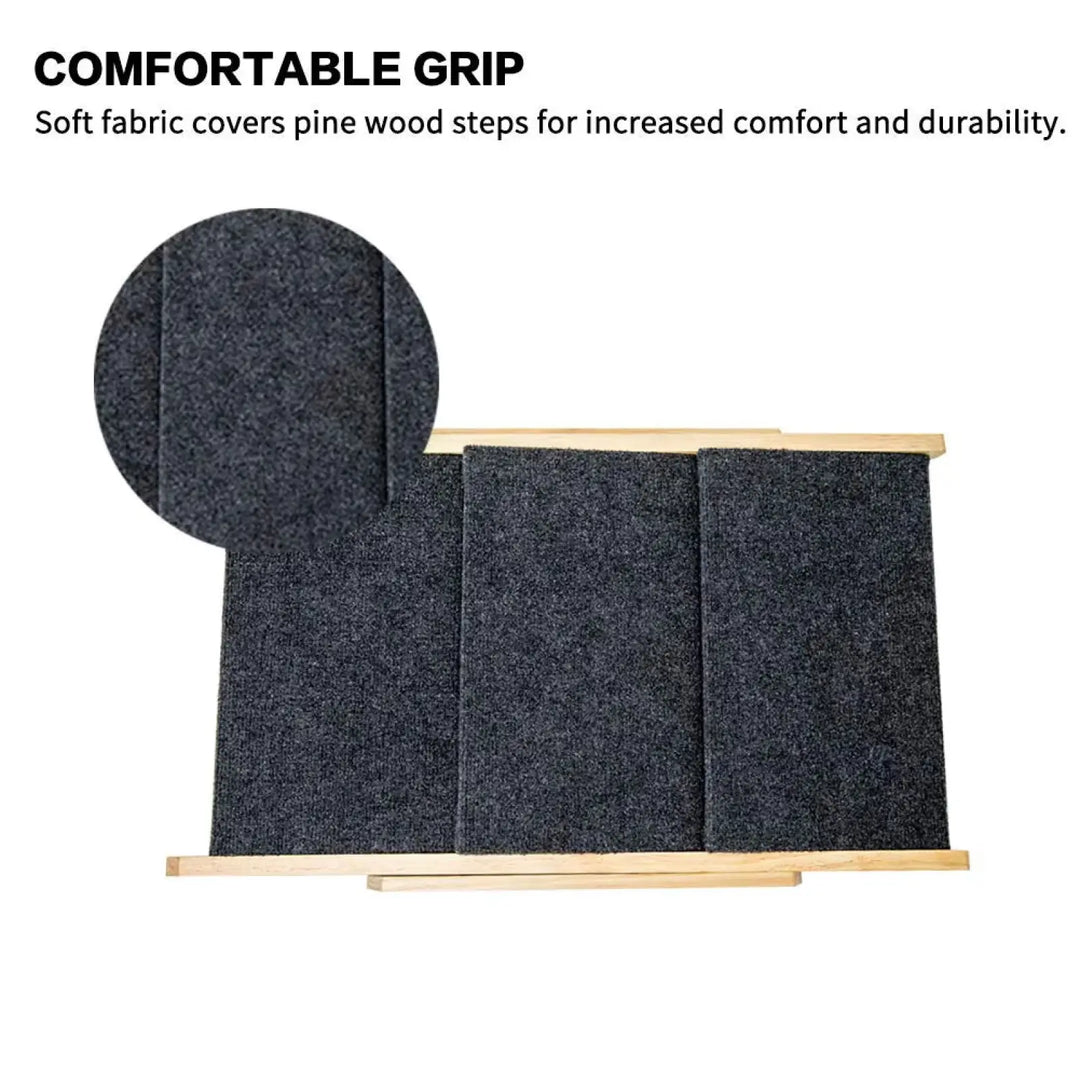 Dog ramp steps with dark gray fabric grip pads on light wood base