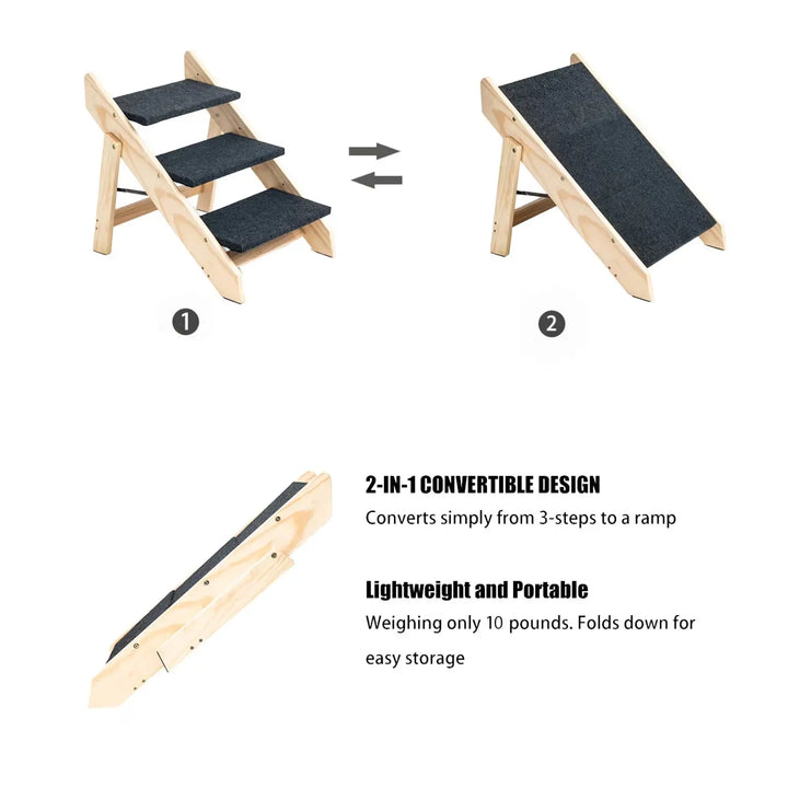 Foldable dog stairs that fold flat into a ramp with dark gray grip surface