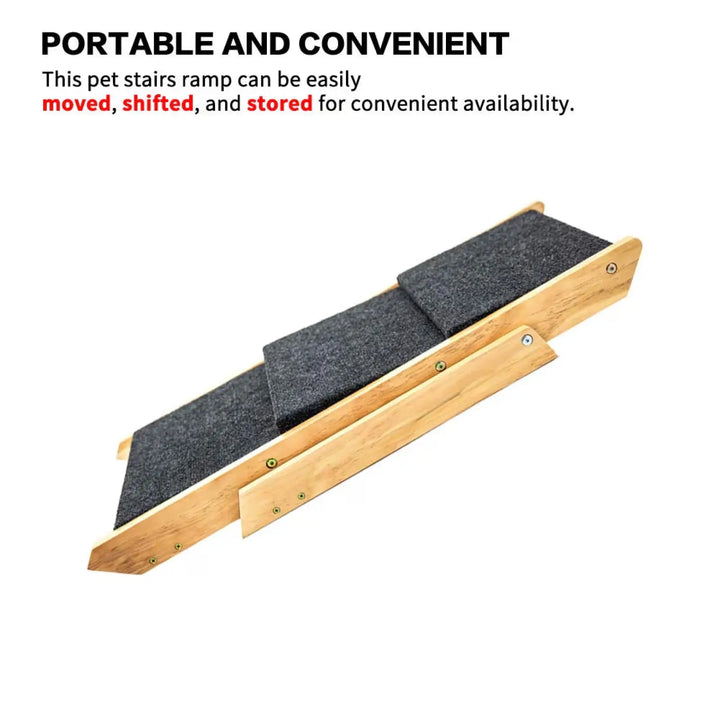 Convertible dog ramp with dark gray treads and light wood foldable supports