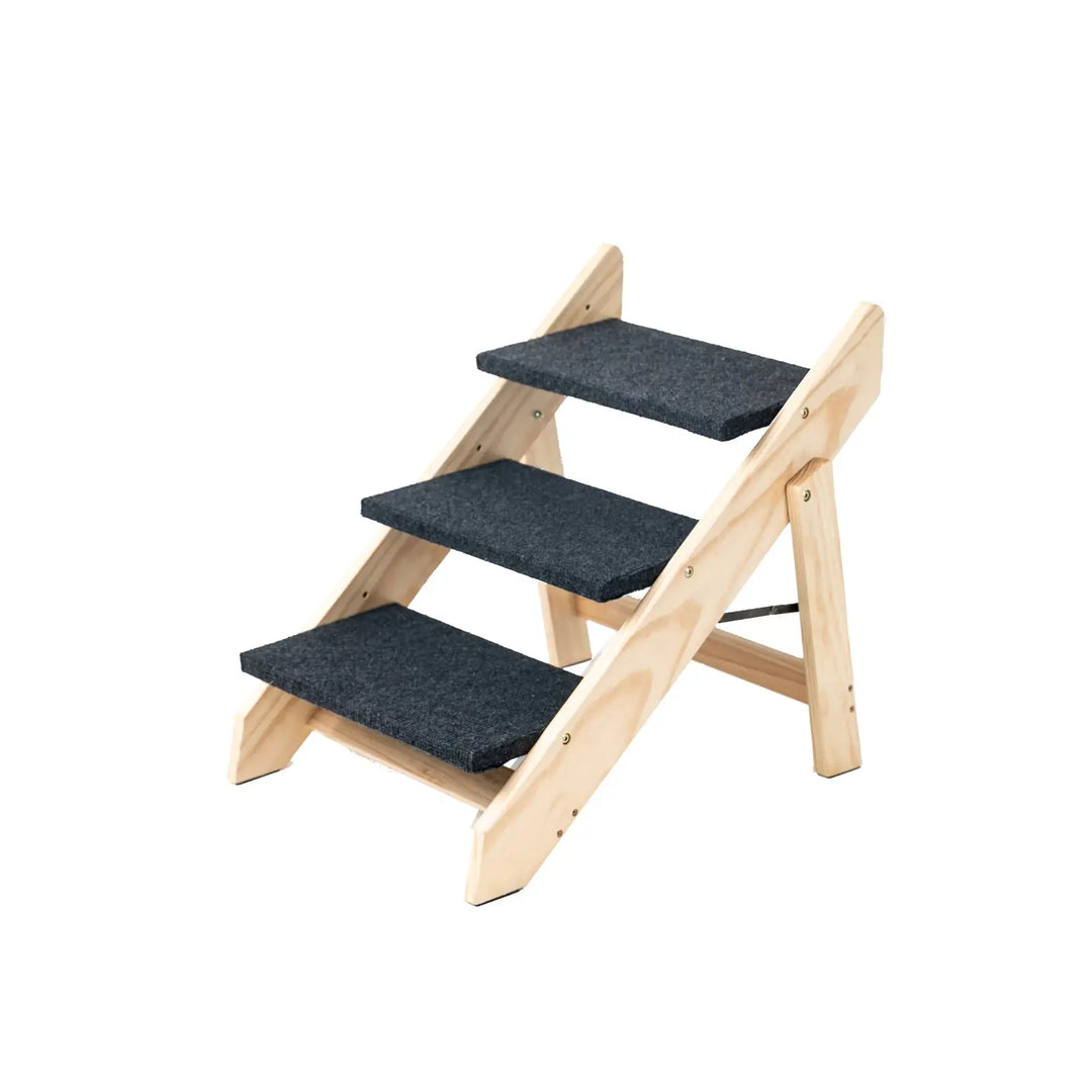 Three-level dog ramp stairs in light wood with dark gray non-slip treads