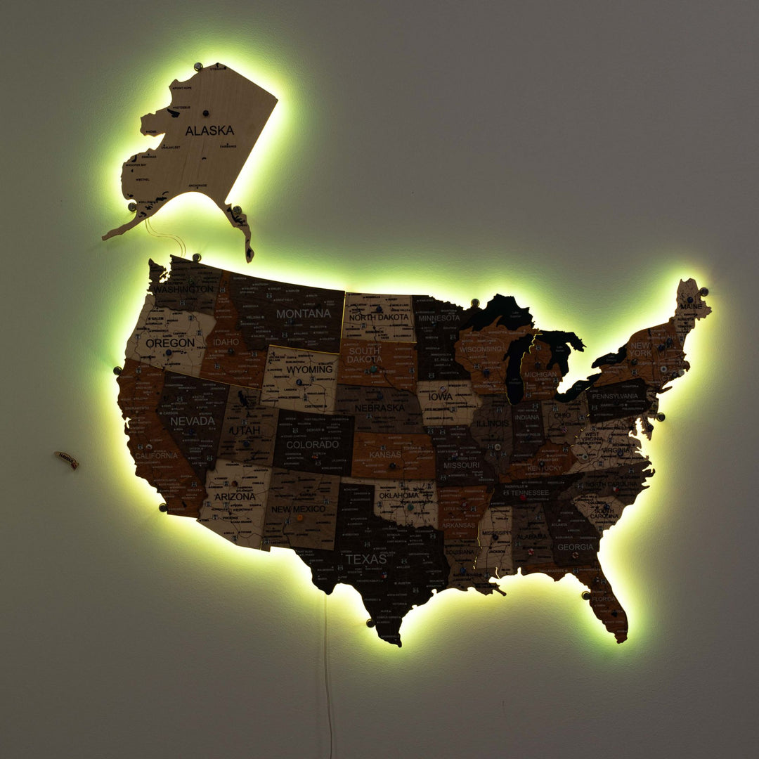 Wooden USA LED wall map with dark states and green glowing border outline.