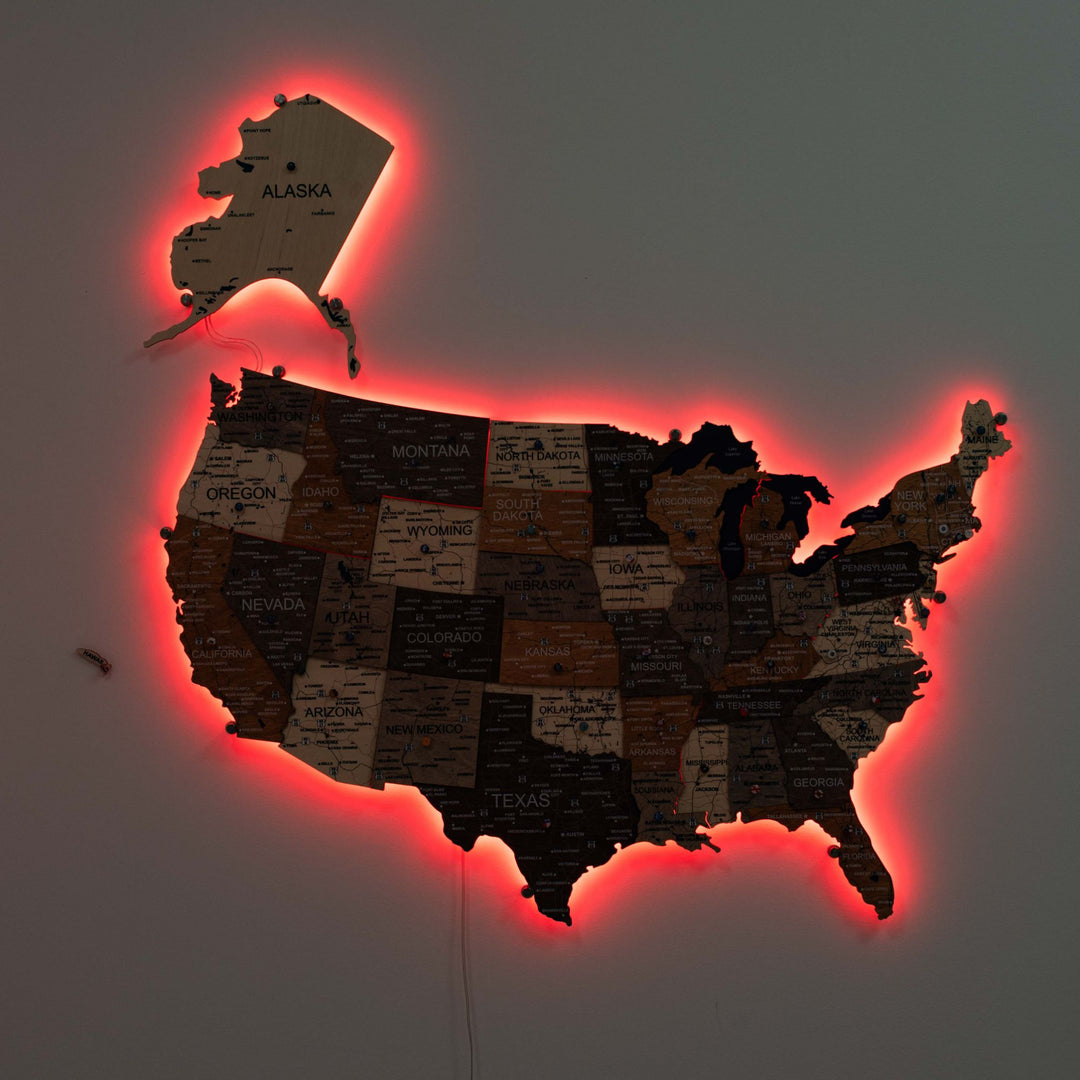 Wooden USA LED wall map with dark states and red glowing border outline.