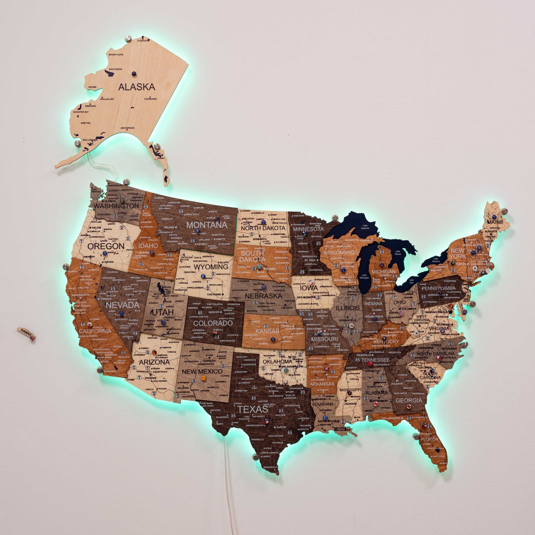 Wooden USA LED wall map with orange-brown states and turquoise edge lighting.