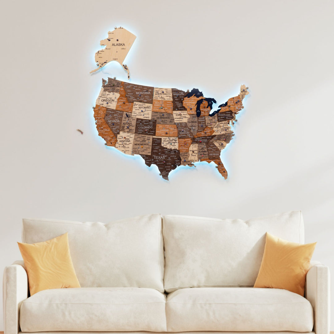 Wooden 3D LED USA map wall decor with warm glow outline and state label details