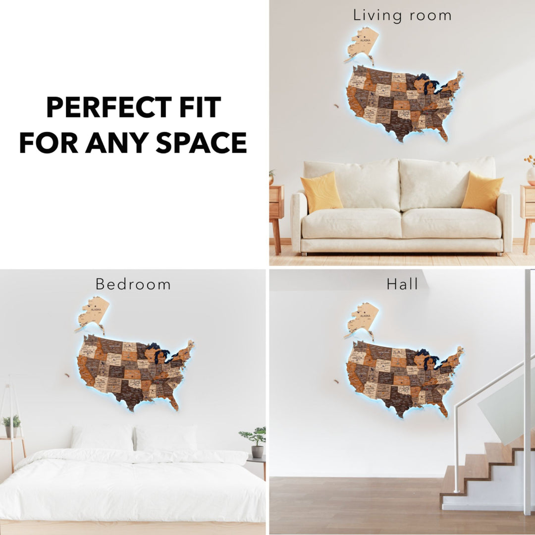 Wooden USA LED map mounted on wall with soft turquoise glowing edge lights.