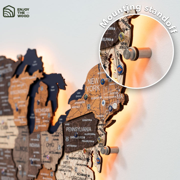 Wooden USA LED map with mounting peg and stand attachment on New York state area.