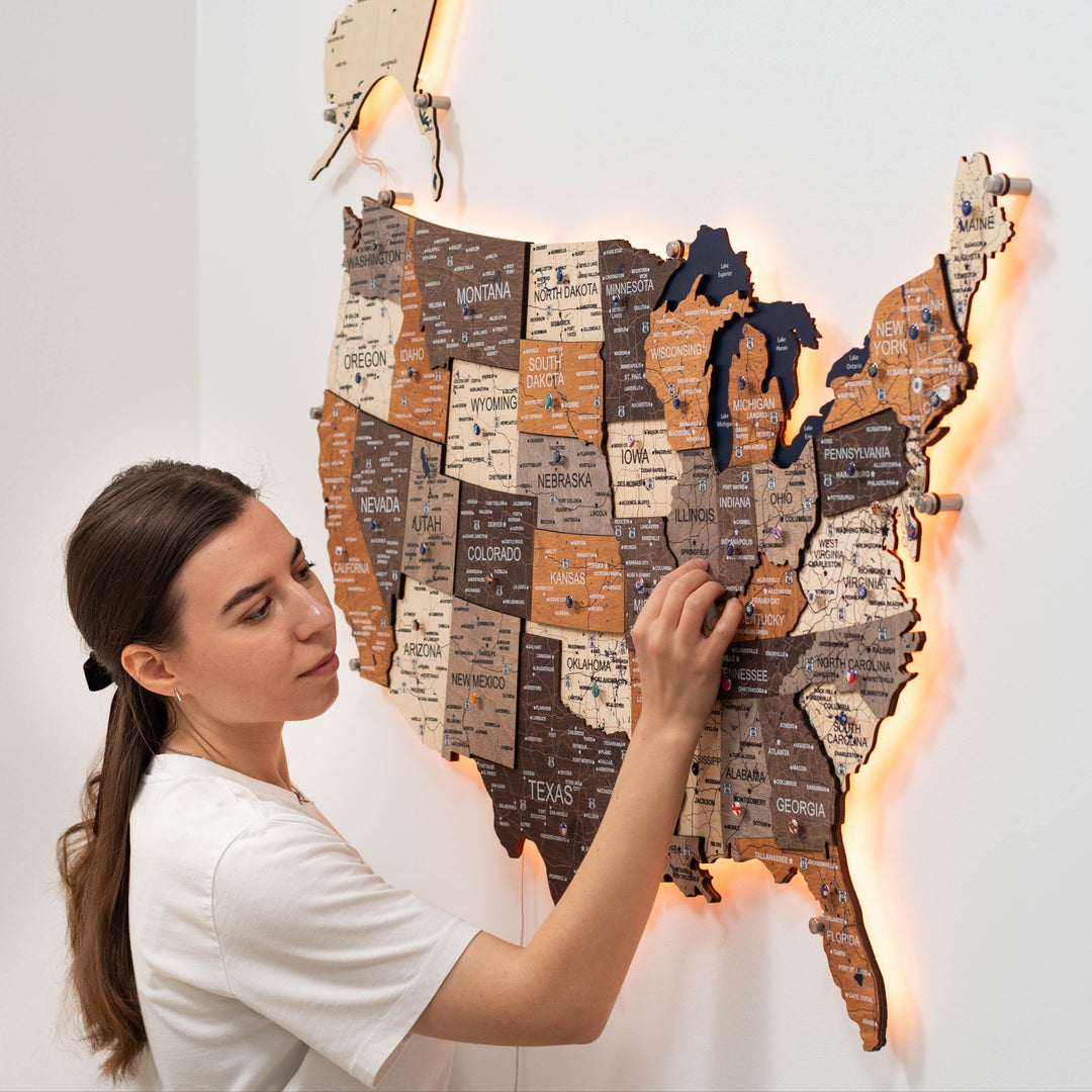 Wooden 3D LED USA wall map with multicolor state blocks and warm glow lights
