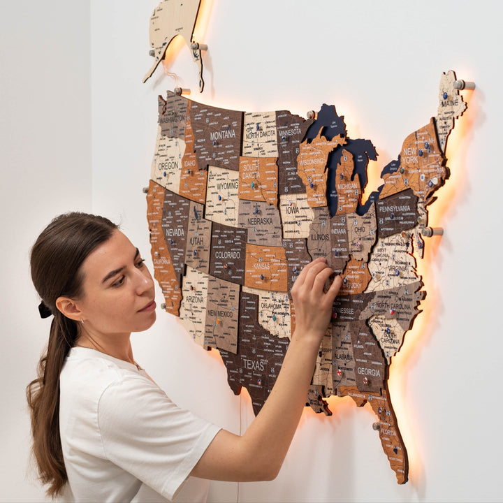Wooden 3D LED USA wall map with multicolor state blocks and warm glow lights