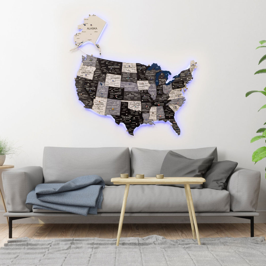 Wooden 3D LED USA map with blue glowing border and state names