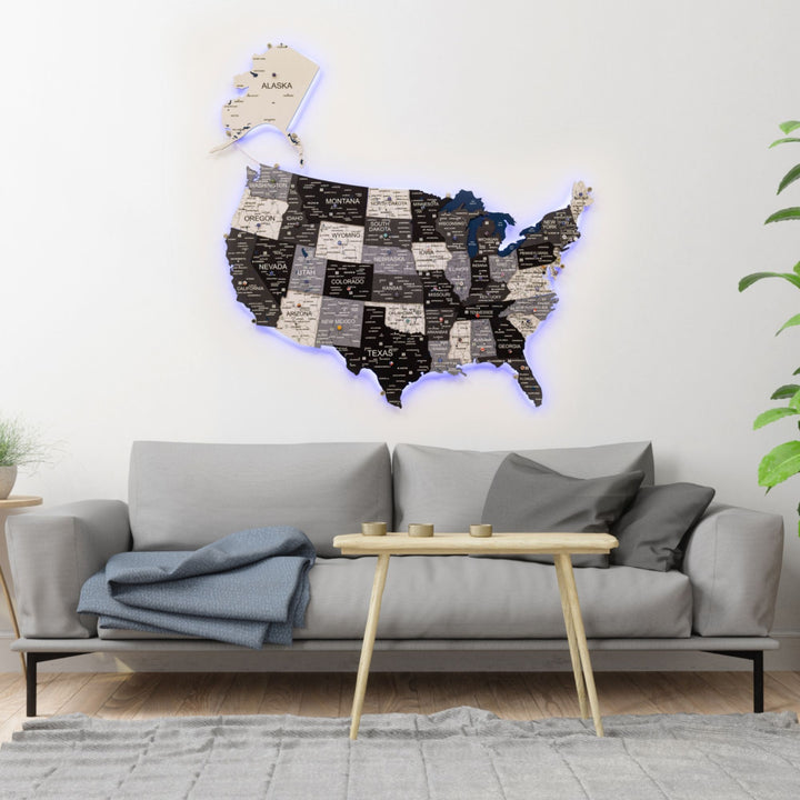 Wooden 3D LED USA map with blue glowing border and state names