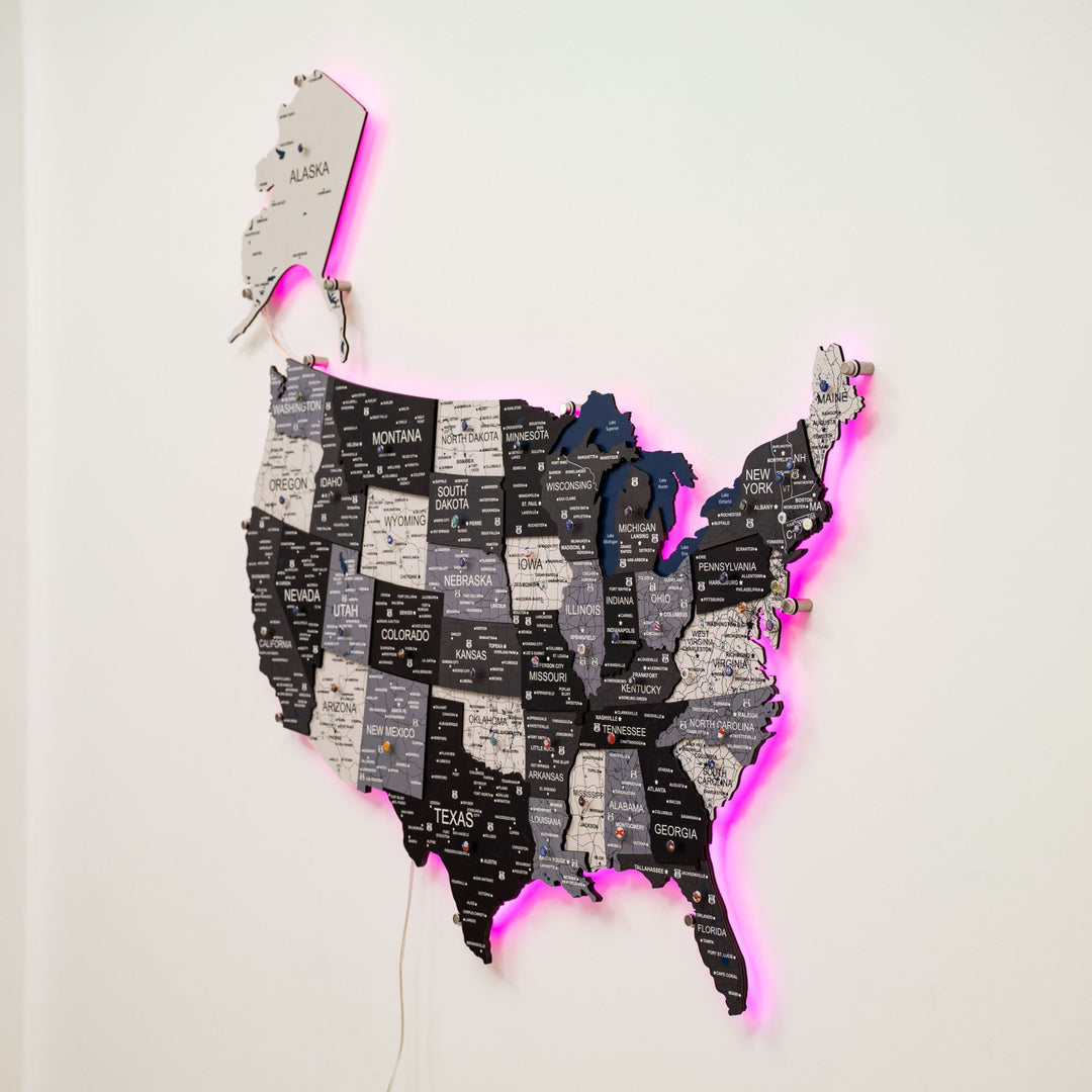 Wooden 3D LED USA map with magenta glowing border and state names