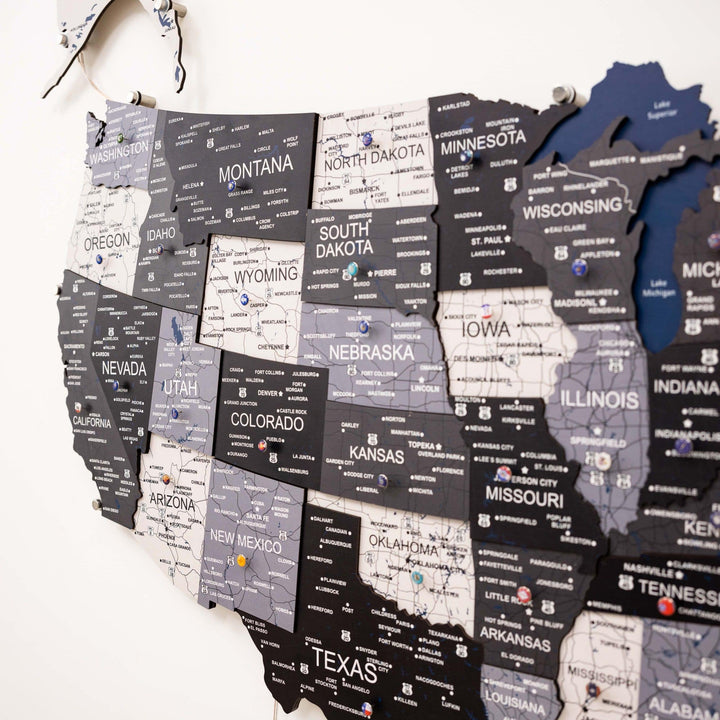 Wooden 3D LED USA map close-up showing state names and glowing edges