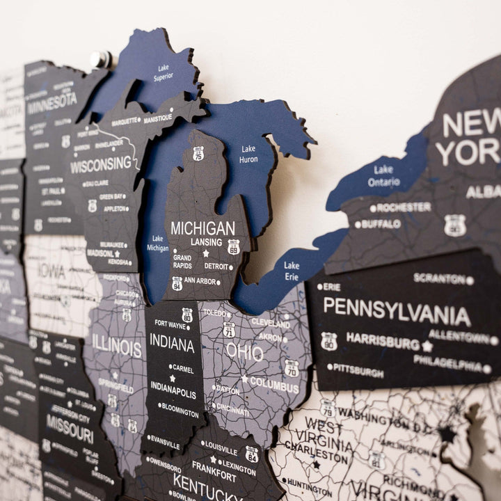 Wooden 3D LED USA map detail showing Michigan, Pennsylvania, and dark state textures