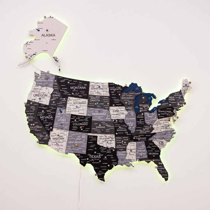Wooden 3D LED USA map wall decor with bright green edge lighting around states