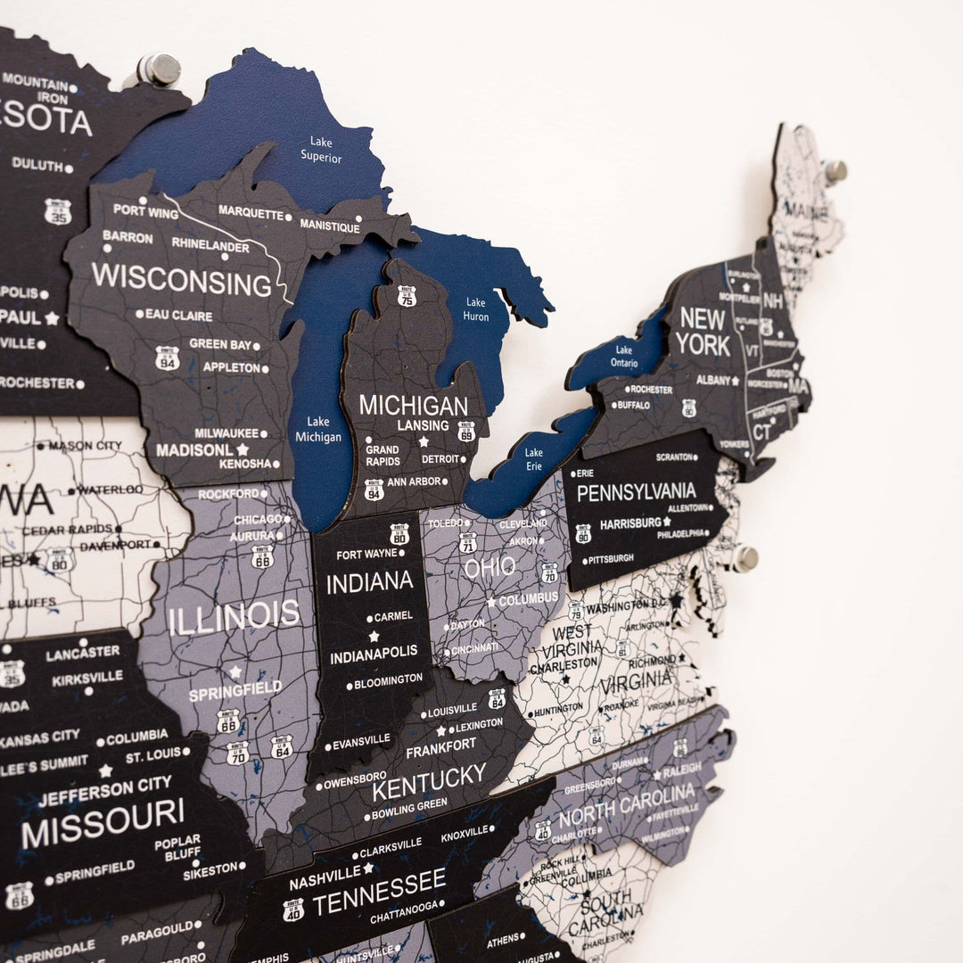 Wooden 3D LED USA map detail with blue glow near Michigan, Wisconsin, and New York