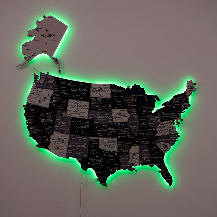Wooden 3D LED USA map wall decor with vivid green LED outline and state names