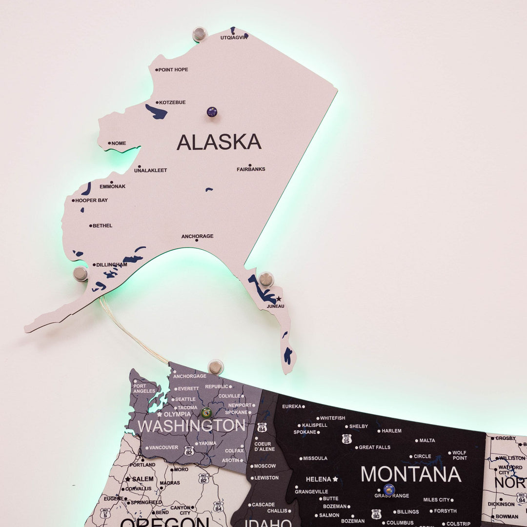Wooden 3D LED USA map detail featuring Alaska with soft glow over state text