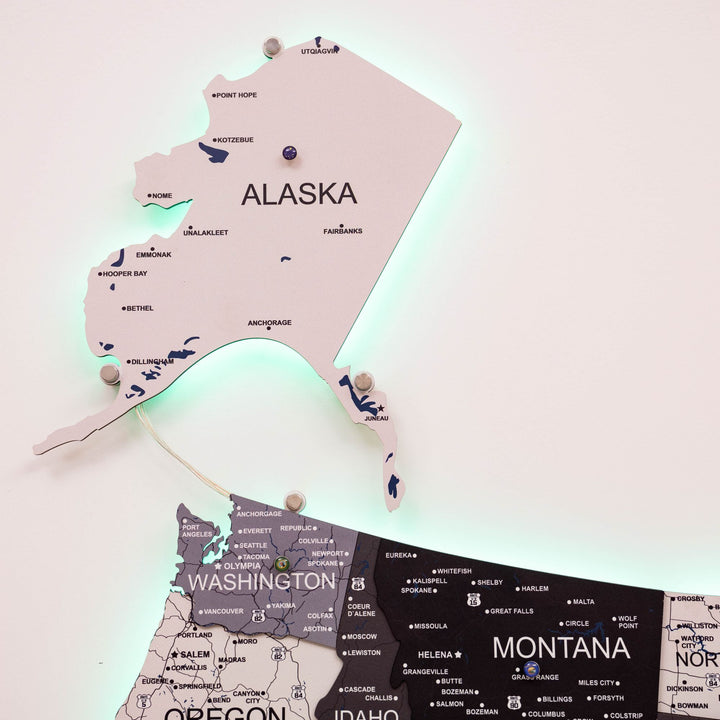 Wooden 3D LED USA map detail featuring Alaska with soft glow over state text