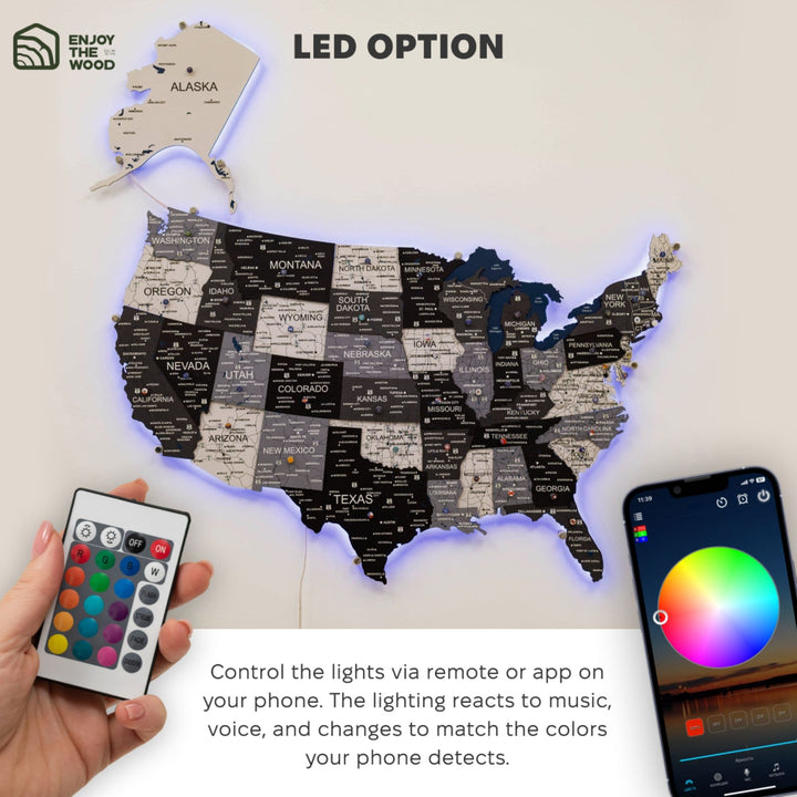 Wooden 3D LED USA map with colored lights, shown with phone and remote