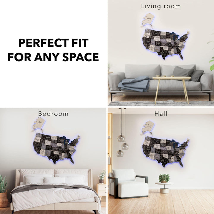 Wooden 3D LED USA map wall decor with glowing blue outline and state labels
