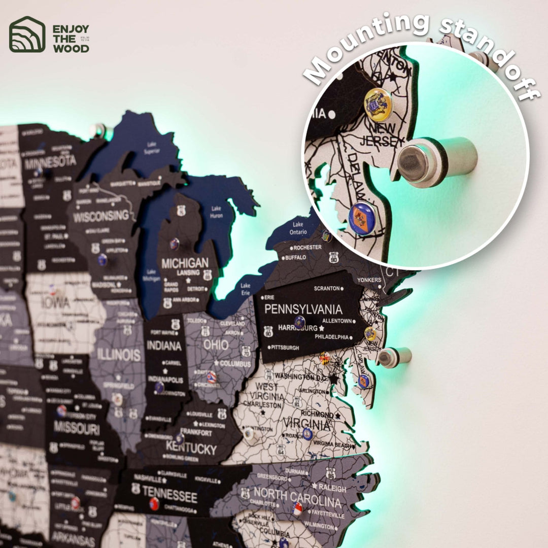 Wooden 3D LED USA map with mounting hardware and illuminated state areas