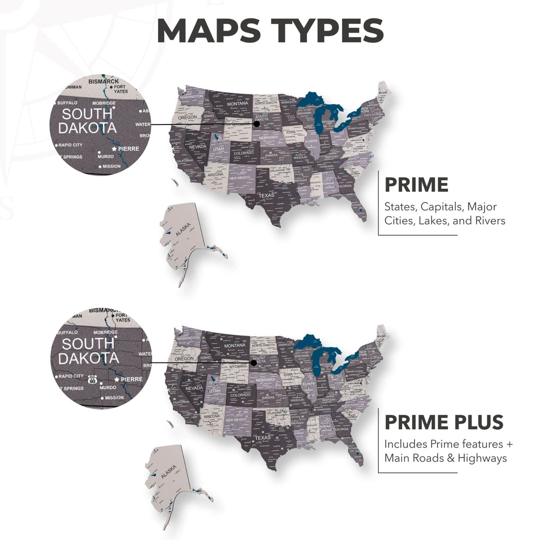 Wooden 3D LED USA map types: Prime and Prime Plus layouts