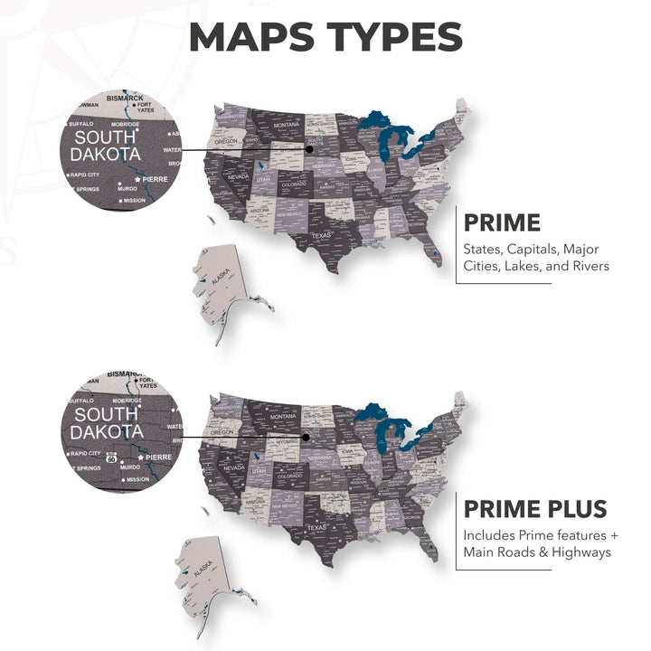 Wooden 3D LED USA map types: Prime and Prime Plus layouts