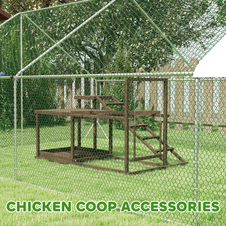 Wooden chicken activity center inside a wire run, with swinging perch and platforms