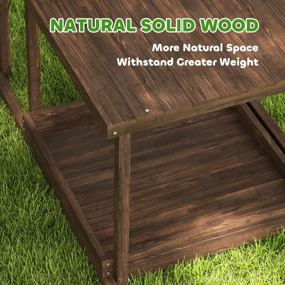 Solid wood chicken activity center platform with sturdy supports and slatted ramp
