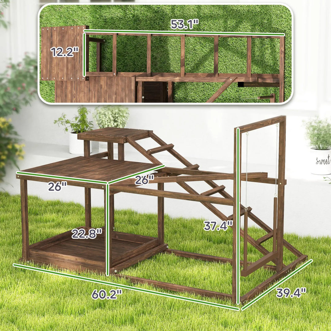 Coffee-brown wooden chicken activity play set, multi-level design with side access door