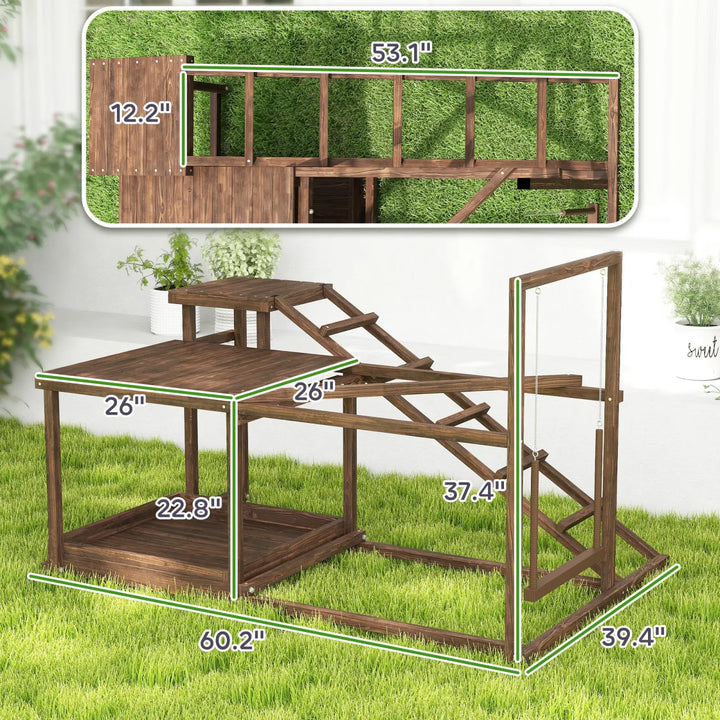 Coffee-brown wooden chicken activity play set, multi-level design with side access door