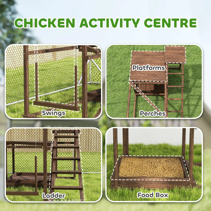 Wooden chicken activity center with multiple features: swings, perches, ladder, food area