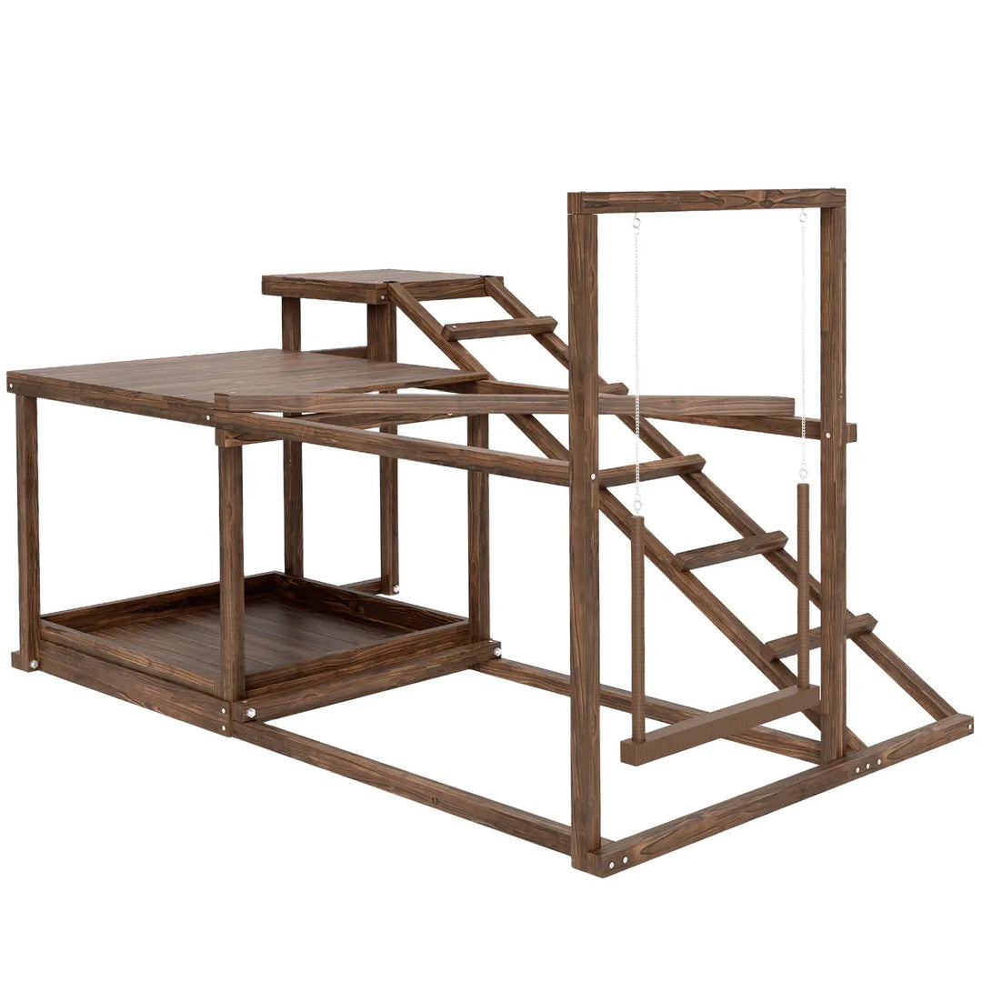 Coffee-brown wooden chicken activity play set with platforms, ladder, and perch frame
