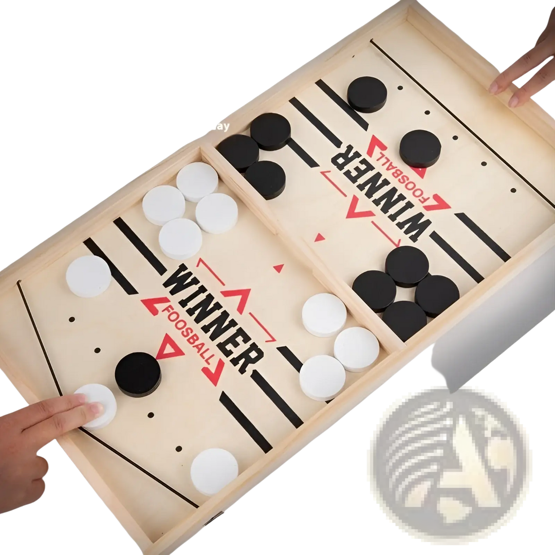 Desktop puck game board with black and white pucks on a wooden tray