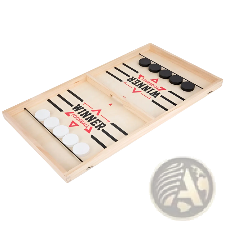Wooden desktop puck game board with black and white discs and inner lane divider