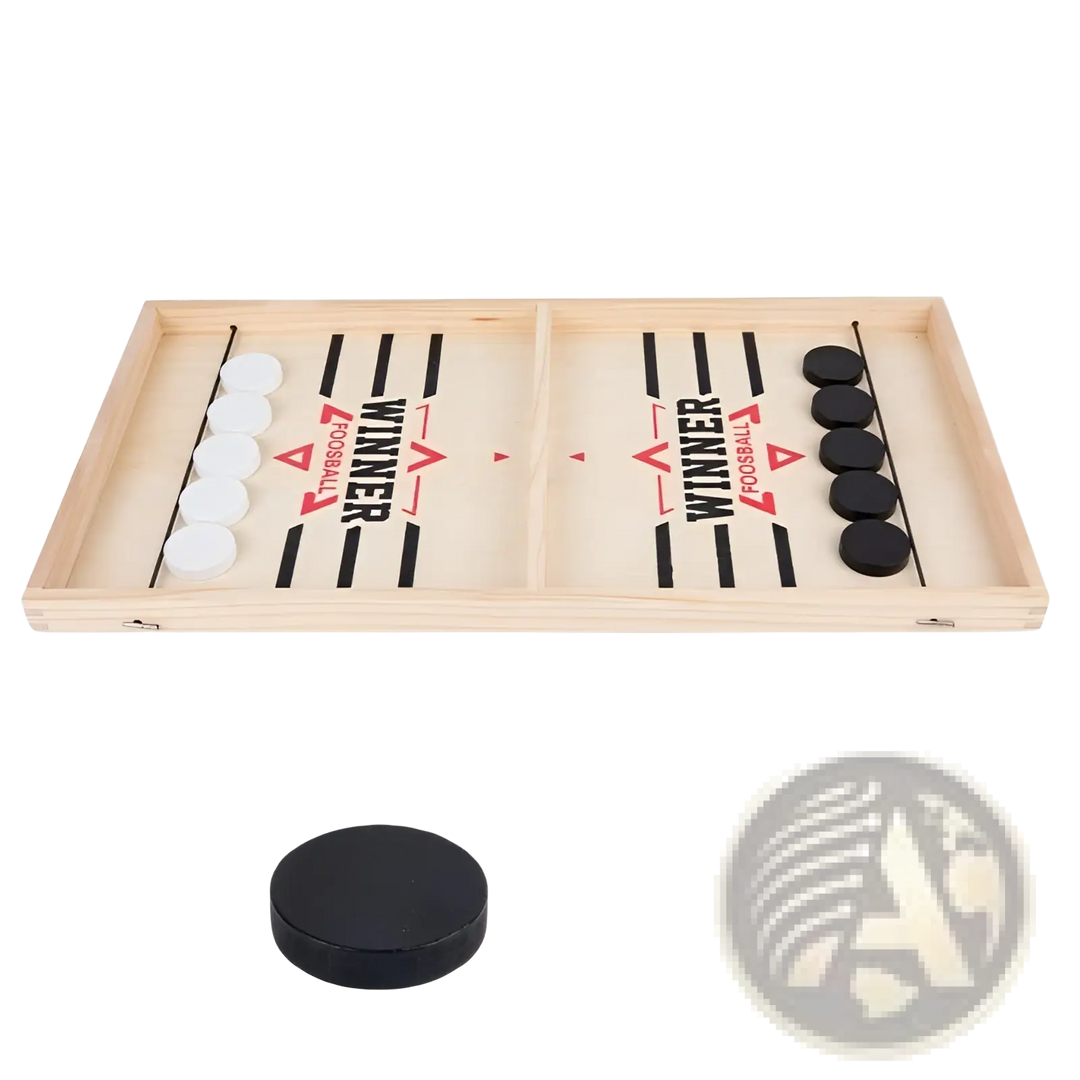 Desktop puck game board with black and white discs, plus a spare black puck