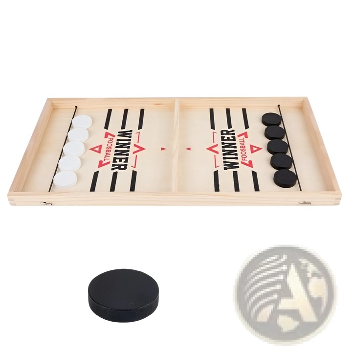 Desktop puck game board with black and white discs, plus a spare black puck