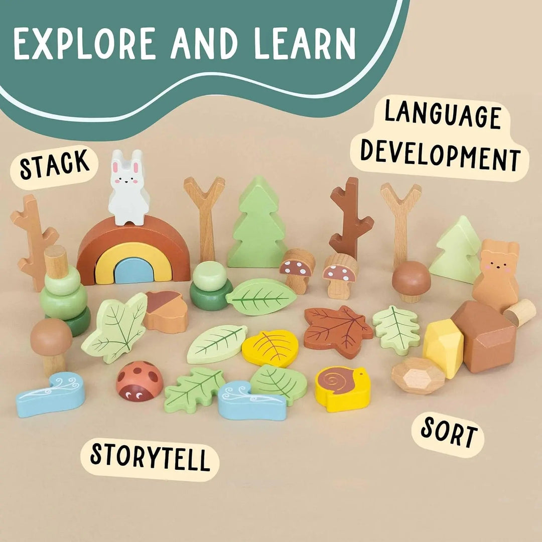Wooden forest sensory set with assorted animal, leaf, and rainbow pieces