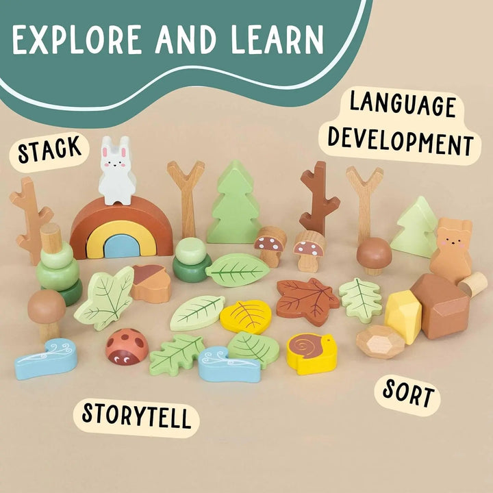 Wooden forest sensory set with assorted animal, leaf, and rainbow pieces