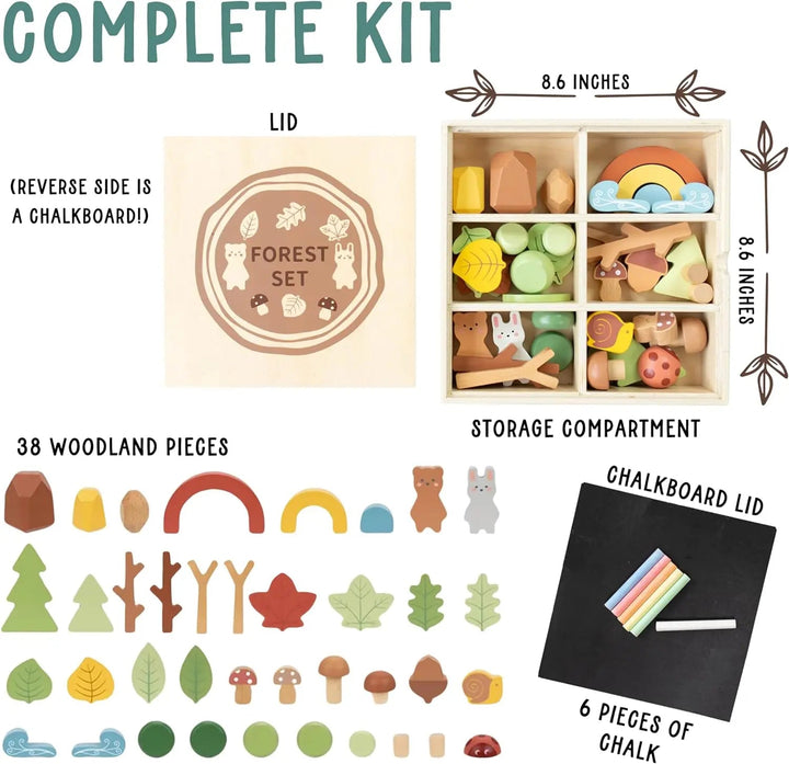 Wooden forest sensory bin complete kit with storage compartments and chalkboard lid