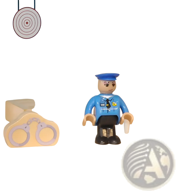 Police officer toy figure with hat, handcuffs accessory, and round police badge emblem