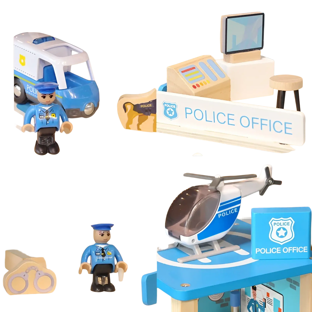 Wooden police office playset with police car, officer figure, blue helicopter, and dog accessory