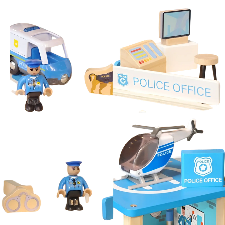 Wooden police office playset with police car, officer figure, blue helicopter, and dog accessory